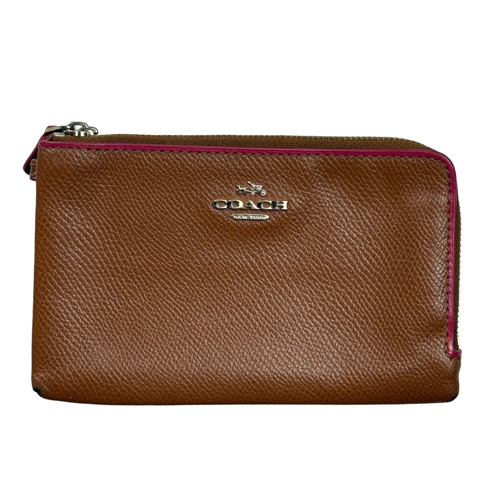 Coach Brown Crossgrain Leather Double Zip Wristlet with Pink Trim Silver Logo